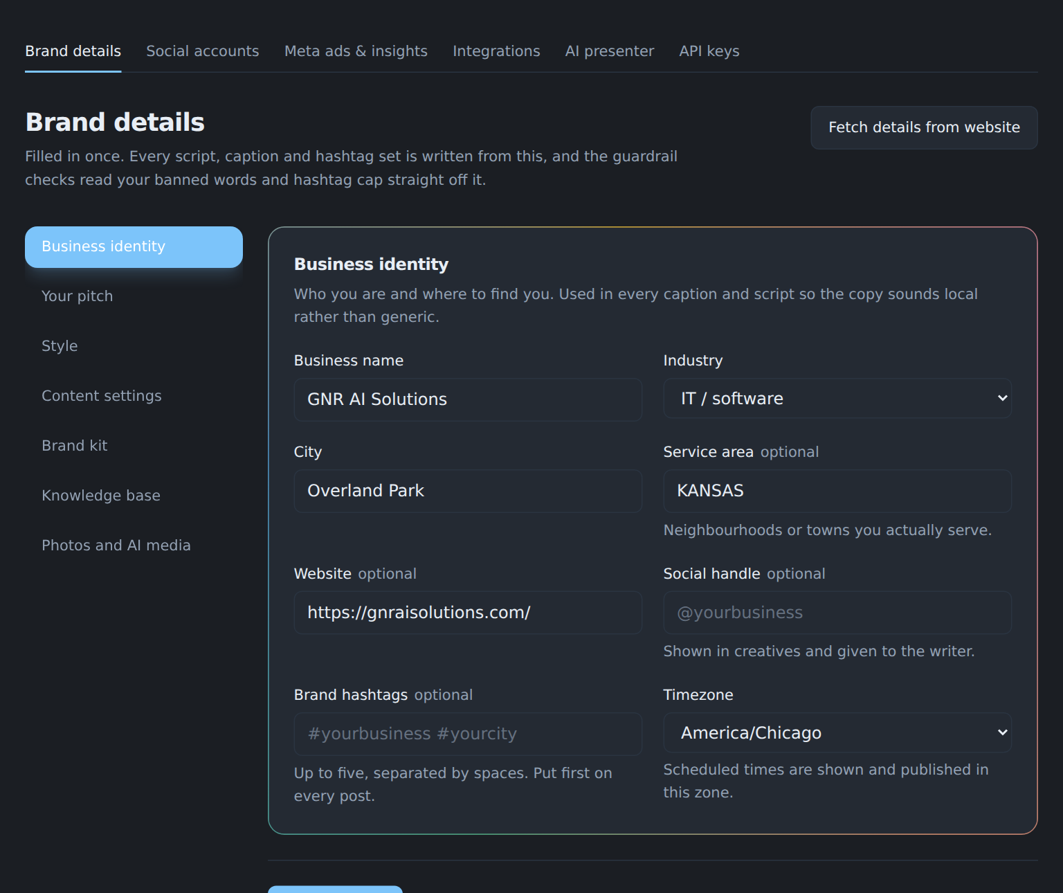 The Brand details page with a side menu of business identity, pitch, style and content settings