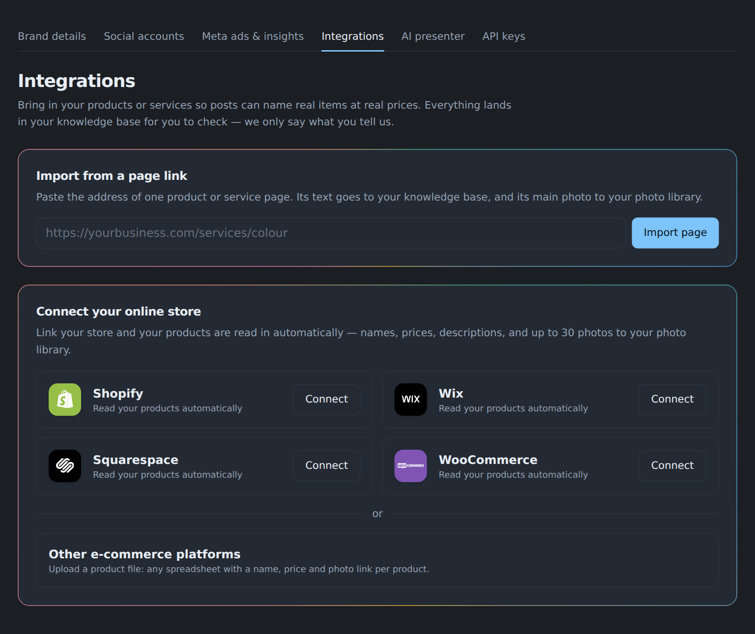Store cards for Shopify, Wix, Squarespace and WooCommerce, each with a Connect button