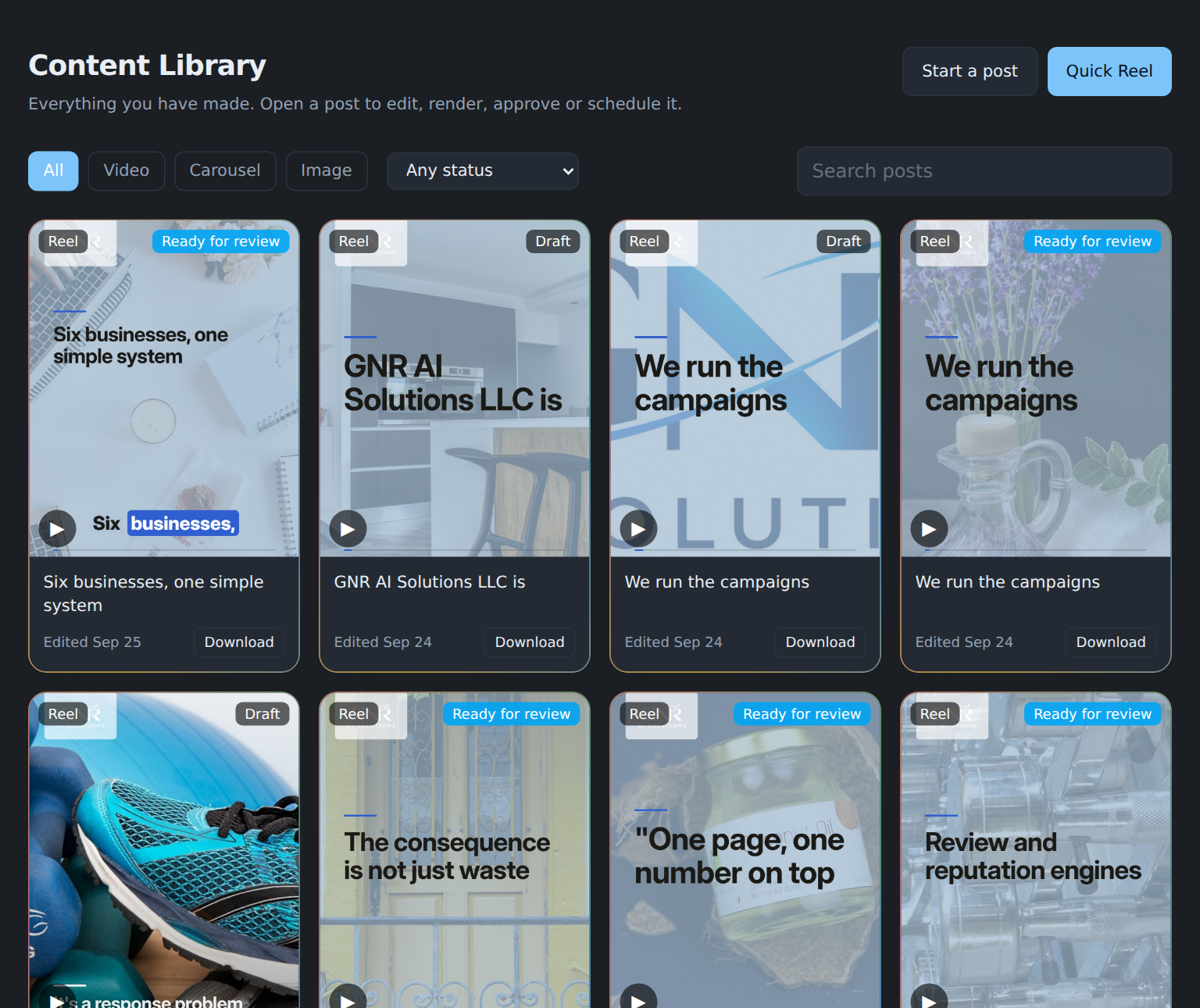 The Content Library grid of Reels with status badges and download buttons