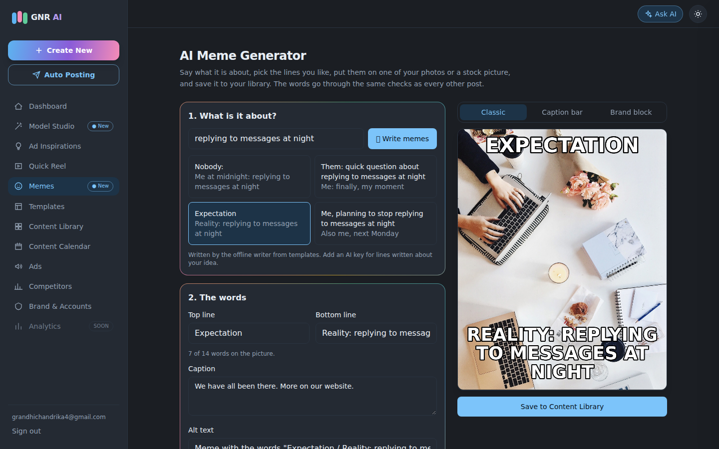 The meme generator: written line options, the picture picker and an Expectation / Reality meme preview