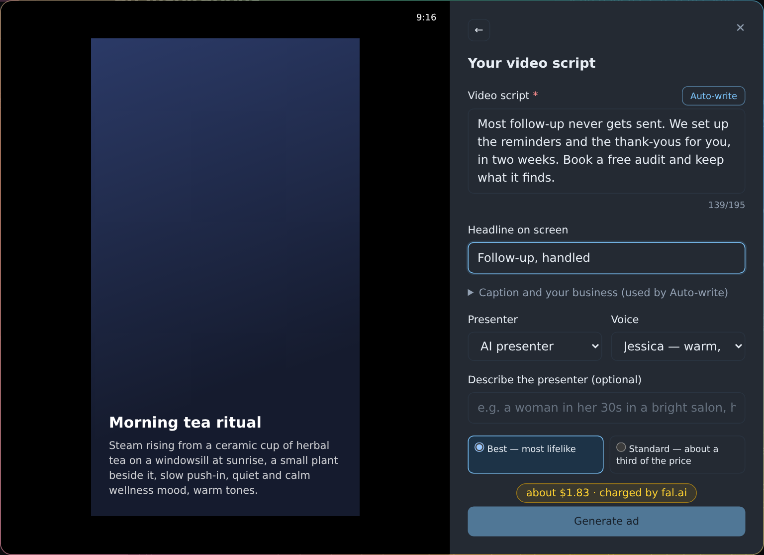 The Recreate this ad screen: a video script, headline, presenter and voice, with the price shown before generating