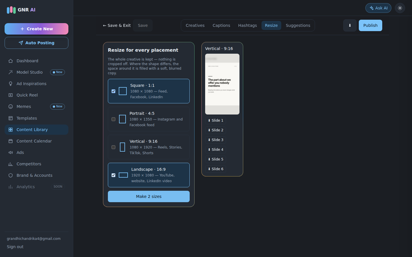 The editor's Resize tab with square, portrait, vertical and landscape sizes to choose from