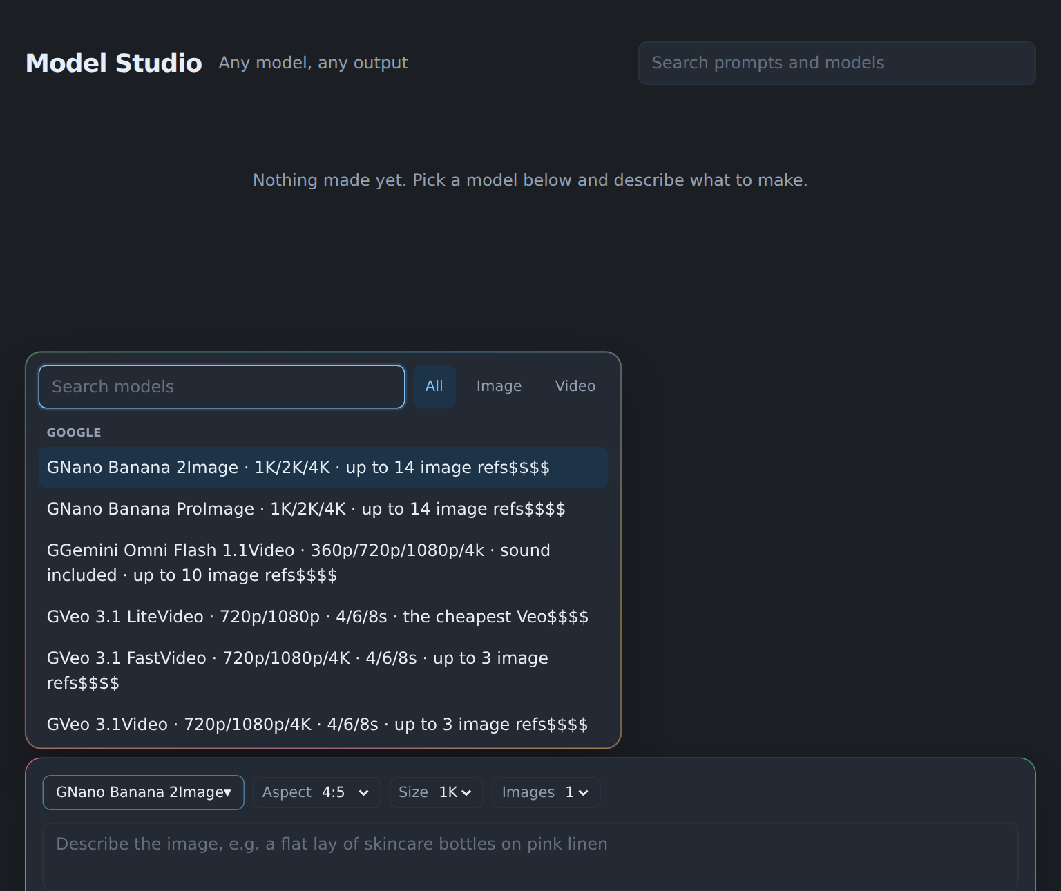 Model Studio's model picker listing Google's Nano Banana, Gemini Omni Flash and Veo models with their price levels